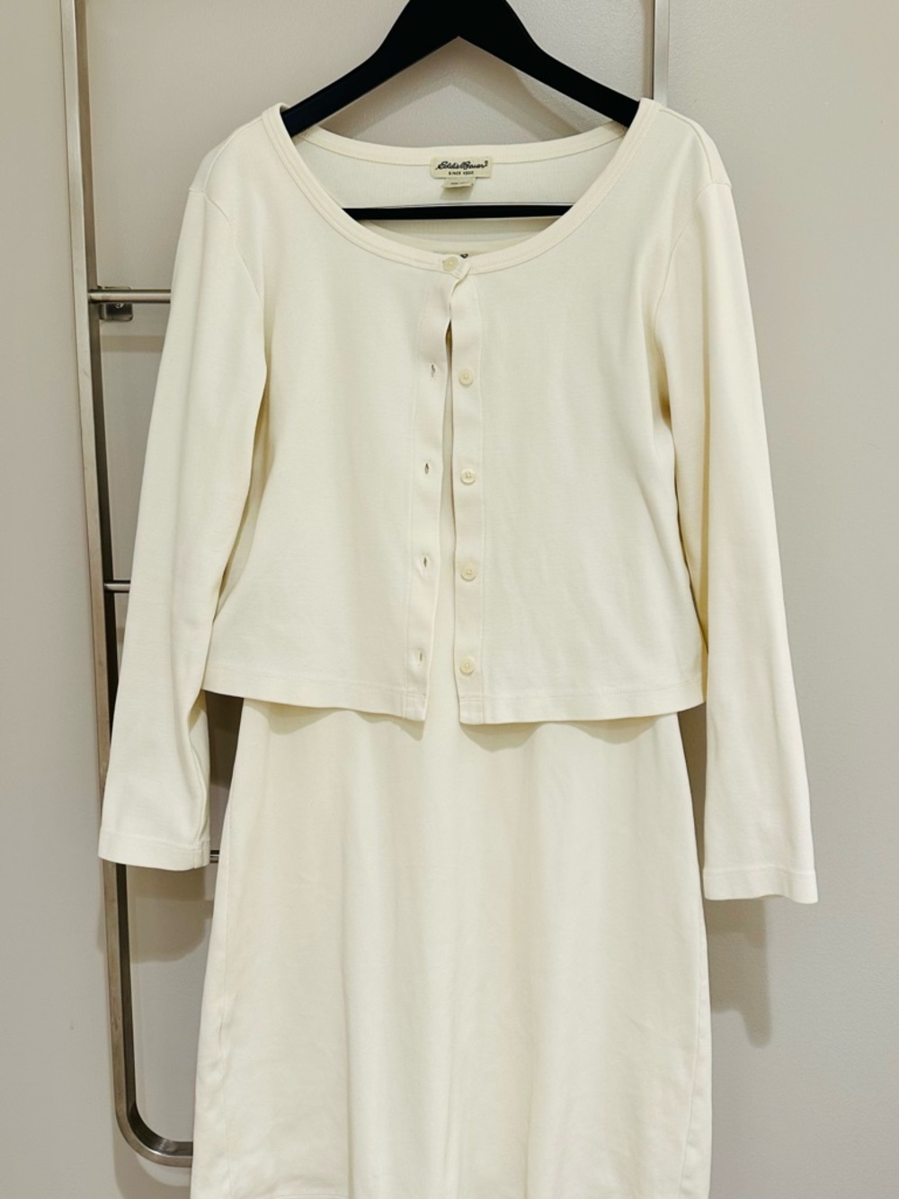 Eddie Bauer Cream Knit Midi Dress with Matching Cardigan
